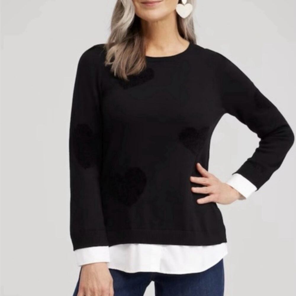 Chico’s Size 2/Large Black Heart Built In White Shirt Pullover Knit Sweater